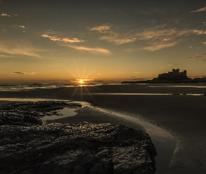 Anglia, Morze Północne, Plaża, Zachód Słońca, Zamek Bamburgh