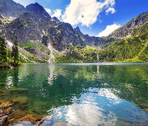 Polska, Drzewa, Jezioro Morskie Oko, Lato, Góry Tatry