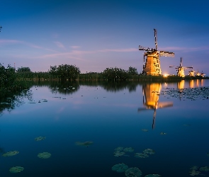 Holandia, Wschód słońca, Wiatraki, Rzeka, Wieś Kinderdijk