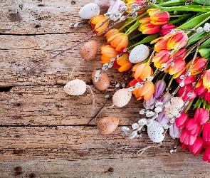Wielkanoc, Bazie, Tulipany, Pisanki, Kompozycja