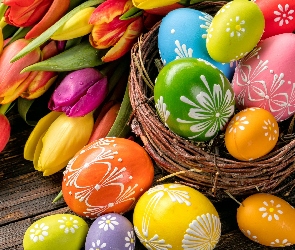 Pisanki, Koszyk, Kompozycja, Wielkanoc, Kwiaty, Tulipany