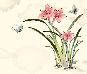 Kwiaty, Motyle, Różowe