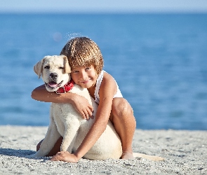 Szczeniak, Woda, Plaża, Labrador retriever, Dziecko