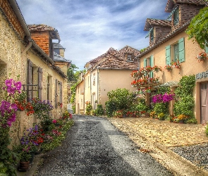 Kwiaty, Ulica, Nowa Akwitania, HDR, Domy, Francja, Hautefort