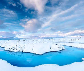 Islandia, Błękitna Laguna, Zima, Lód, Chmury, Źródła geotermalne