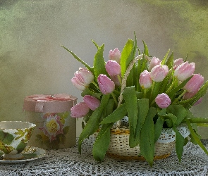 Kwiaty, Pudełko, Filiżanka, Tulipany, Kompozycja