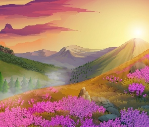 Krajobraz, Zachód słońca, Kwiaty, Góry, Grafika 2D