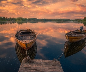 Norwegia, Ringerike, Zachód Słońca, Jezioro, Pomost, Łódki