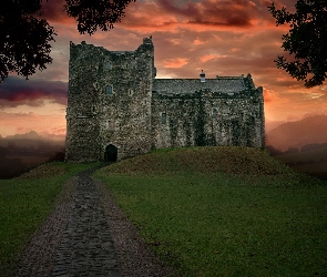 Szkocja, Zachód słońca, Zamek Doune Castle, Wzgórze