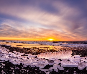 Laguna Jökulsárlón, Lód, Zachód słońca, Morze, Islandia