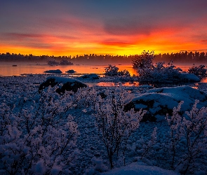 Laponia, Rzeka, Zima, Zachód słońca, Szwecja