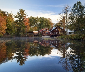 Stan New Hampshire, Drzewa, Stany Zjednoczone, Staw, Młyn Fryes Measure Mill, Wilton, Odbicie, Domy
