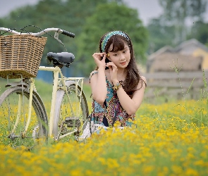 Kwiaty, Rower, Dziewczyna, Azjatka