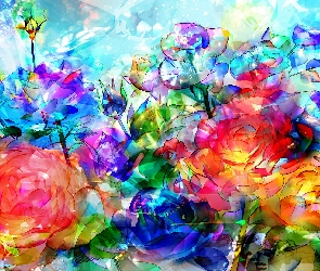 Kolorowe, Paintography, Róże, Kwiaty