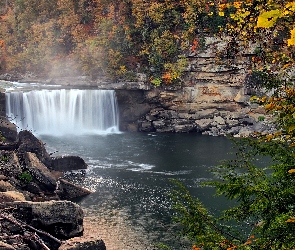 Wodospad Cumberland, Stan Kentucky, Stany Zjednoczone, Kamienie, Rzeka Cumberland, Skały, Drzewa, Park Narodowy Cumberland Falls