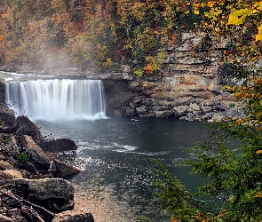Stan Kentucky, Skały, Stany Zjednoczone, Wodospad Cumberland, Drzewa, Park Narodowy Cumberland Falls, Kamienie, Rzeka Cumberland