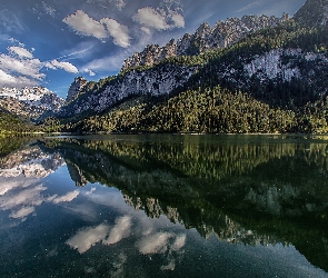 Odbicie, Chmury, Góry Dachstein, Austria, Jezioro Gosau, Drzewa