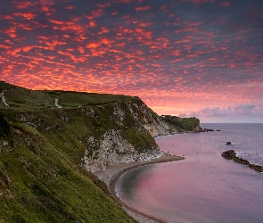 Anglia, Zachód słońca, Men Of War Bay, Morze, Wybrzeże Jurajskie