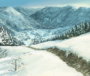 Zima, Paintography, Świerki, Góry