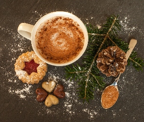 Czekolada, Gałązka, Filiżanka, Łyżeczka, Szyszka, Ciasteczka, Świąteczne, Świerku
