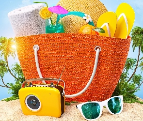 Okulary, Klapki, Lato, Torba, Kapelusz, Grafika 2D, Wakacje, Drink, Radio, Plaża, Palmy