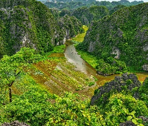 Skały, Góry, Ninh Binh, Wietnam, Dolina Tam Coc, Rzeka Ngo Dong