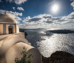 Kościół Agios Stylianos, Morze Egejskie, Santorini, Grecja, Wschód słońca, Świt