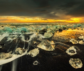 Plaża, Laguna Lodowcowa Jökulsárlón, Islandia, Morze, Lód, Bryły, Zachód słońca, Diamond Beach