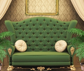 Paprocie, Sofa, Salon, Zielona