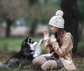 Dziewczynka, Husky, Szczeniak, Pies