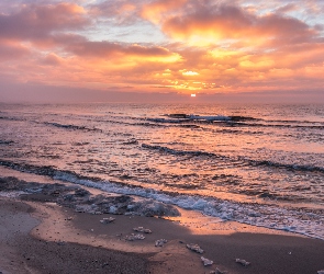 Morze, Plaża, Fale, Wschód słońca