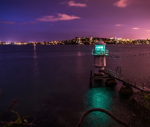Australia, Miasto nocą, Latarnia morska Bradleys Head Light, Morze, Sydney