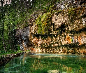 Drzewa, Ławeczka, Skały, Rzeka