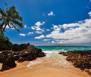 Hawaje, Wyspa Maui, Skały, Palmy, Chmury, Ocean