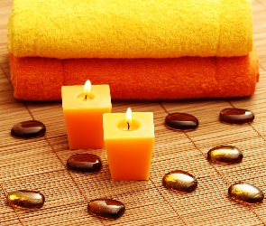 SPA, Mata, Ręczniki, Kompozycja, Świece, Kamyczki