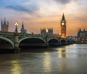 Anglia, Londyn, Zachód Słońca, Most Westminsterski, Big Ben, Rzeka Tamiza