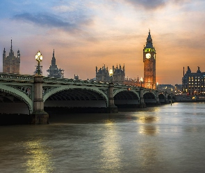 Zachód Słońca, Big Ben, Londyn, Anglia, Rzeka Tamiza, Most Westminsterski