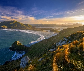 Nowa Zelandia, Wybrzeże, Morze, Wschód słońca, Góry