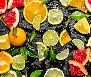 Cytrusy, Owoce, Plasterki, Mandarynki, Pomarańcze, Kawałki, Limonki