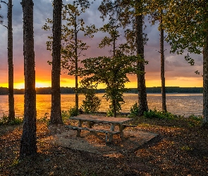 Stany Zjednoczone, Stan Georgia, Zachód słońca, Drzewa, Jezioro West Point Lake, Ławka