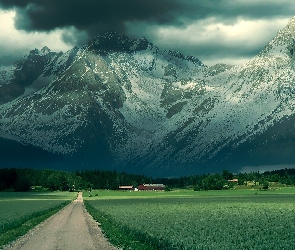 Droga, Trawa, Góry, Chmury