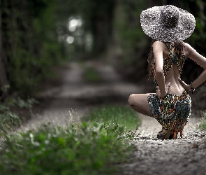 Las, Moda, Figura, Droga, Styl, Kobieta, Kapelusz