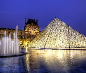 Francja, Paryż, Piramida, Luwr, Fontanna, Muzeum Sztuki