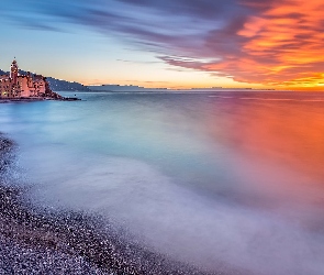 Kościół, Liguria, Włochy, Chmury, Zachód słońca, Budynki, Morze, Camogli