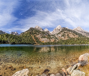 Stan Wyoming, Stany Zjednoczone, Góry, Jezioro Bradley, Kamienie, Drzewa, Park Narodowy Grand Teton