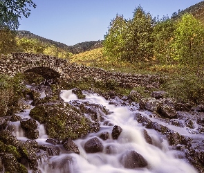 Rzeka, Kamienny, Drzewa, Skały, Kamienie, Mostek