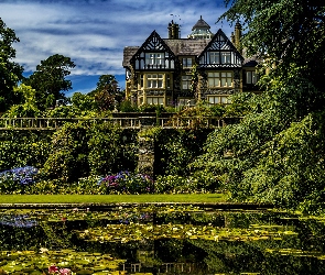 Roślinność, Staw, Ogród Botaniczny Bodnant Garden, Lilie wodne, Bodnant House, Walia, Dom