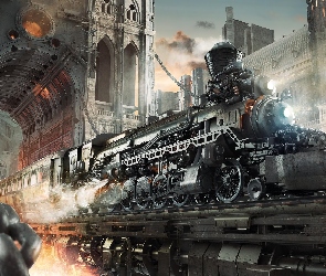 Pociąg, Łańcuch, Budynki, Lokomotywa, Steampunk