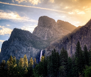 Drzewa, Wodospad Horsetail, Stan Kalifornia, Stany Zjednoczone, Park Narodowy Yosemite, Góry