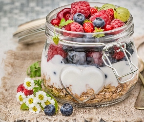 Płatki owsiane, Łyżeczki, Owoce, Jogurt, Słoik